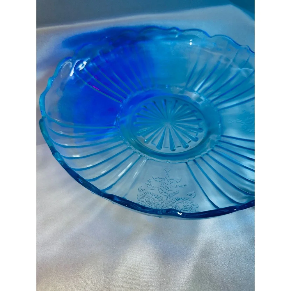 Anchor Hocking Uranium Blue Mayfair Open Rose Fruit Compote Console Bowl 11.75